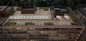 Render de la terraza con piscina y espacios verdes de Dorrego Plaza en el Distrito