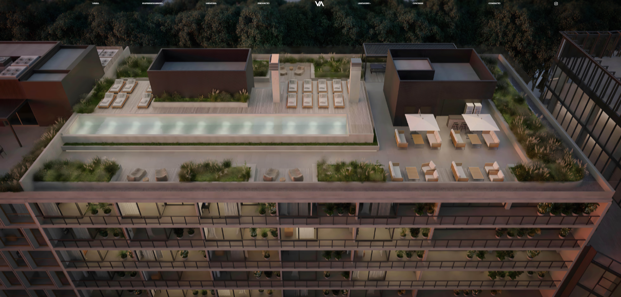 Render de la terraza con piscina y espacios verdes de Dorrego Plaza en el Distrito